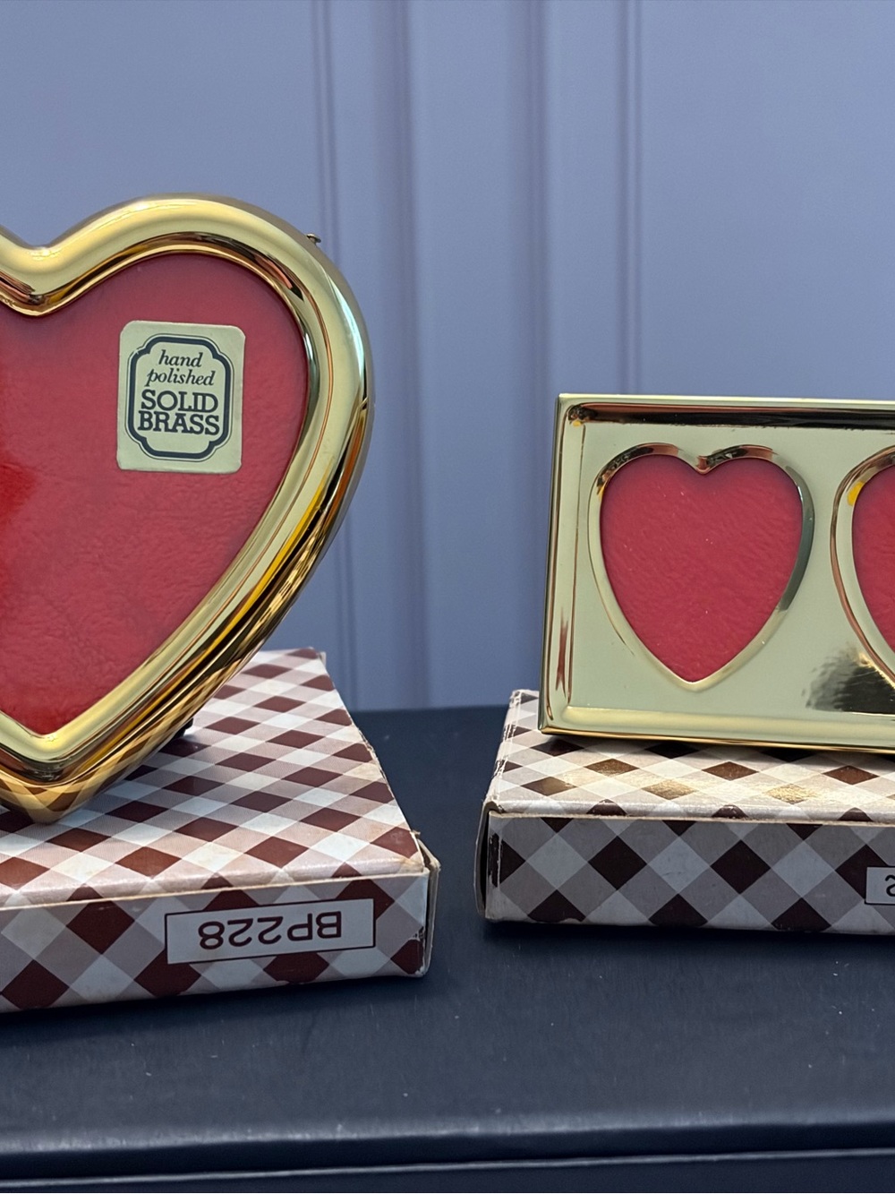 Vintage Solid, Brass Miniature Heart, Photo Frames Set Of Two Korea New Boxed